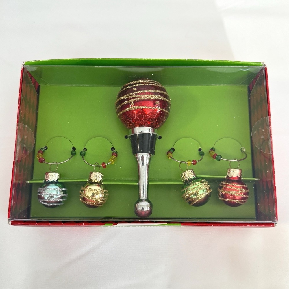 Pier 1 Imports Bottle Stopper‎ Set Drink Charms Christmas Ornament Balls Holiday